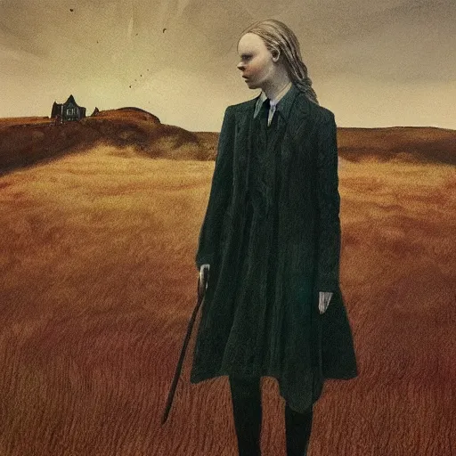 Prompt: Elle Fanning in the painted world of Lovecraft, head and shoulders masterpiece, apocalypse, golden hour, cosmic horror, artstation, in the style of Andrew Wyeth and Edward Hopper and Bosch, extremely detailed