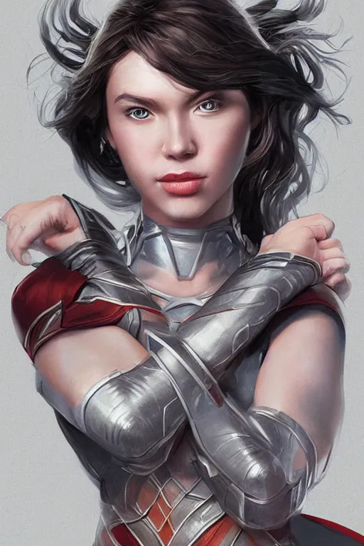 Image similar to three quarters portrait of a beautiful woman,super hero costume,heroic pose,highly detailed, digital painting,illustration, art by Stanley Lau