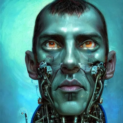 Image similar to surreal portrait of a man by Greg Rutkowski, symmetrical face, he is about 50 years old, short black hair with bangs, his features are a mix between French, Turkish and Russian, transformed into a kind of biomechanical transhuman god, blue glowing eyes, expression of epiphany and determination, cosmic void background, frightening, fascinating, highly detailed portrait, digital painting, book cover, artstation, concept art, smooth, sharp foccus ilustration, Artstation HQ