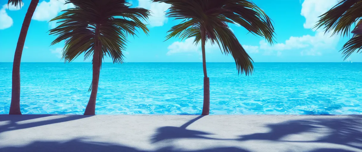 Image similar to synthwave beach, palm trees, water with caustics, 3 d octane render, raytracing, dynamic lighting, focus