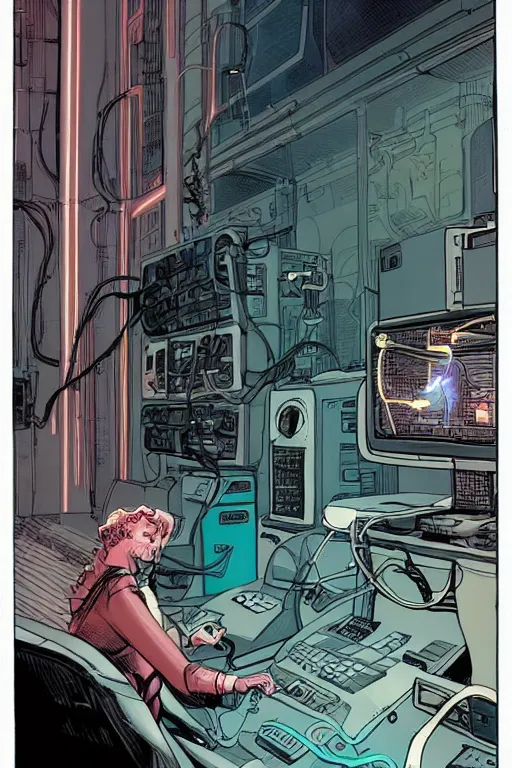 Image similar to a comic illustration of a person connected to a computer console by wires, the console is tall and imposing, there are many cables on the floor, futuristic, golden age of sci-fi, steampunk, neon colors, clean linework, art by Moebius