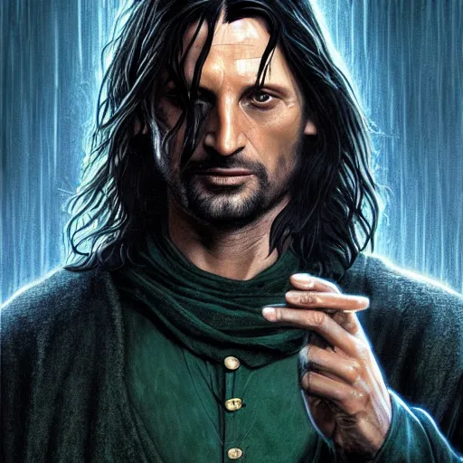 Prompt: [Aragorn in the movie Matrix as GTA character, closeup, D&D, intricate, elegant, highly detailed, digital painting, artstation, concept art, matte, sharp focus, illustration, art by Artgerm and Greg Rutkowski and Alphonse Mucha and Enki Bilal]