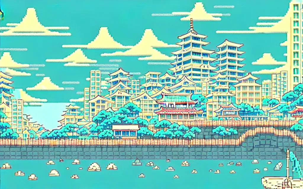 Prompt: a japanese city near the sea, lofi, dreamy, moody, anime inspiration, ghibli vibe, pixelart