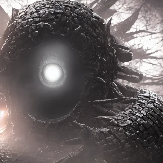 Image similar to eye monster, monster made of eyes as a boss in dark souls, dark cinematic, volumetric, realistic, cinematic lighting, ray tracing, unreal engine 5, unreal engine render, octane render, hyper realistic, photo, 8 k