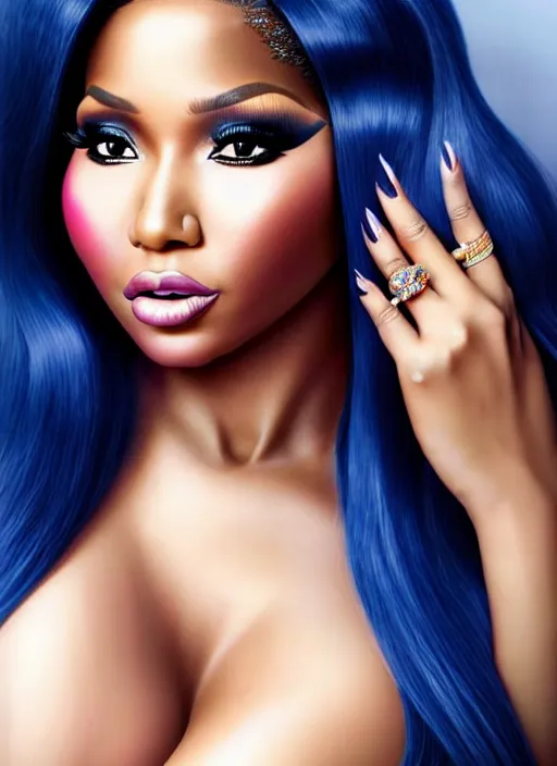 Prompt: a gorgeous rendition of nicki minaj, professionally retouched, soft lighting, realistic, smooth face, full body shot, torso, dress, perfect eyes, wide angle, sharp focus on eyes, 8 k high definition, insanely detailed, intricate, elegant, art by artgerm and jason chan and mark hill, safe for work