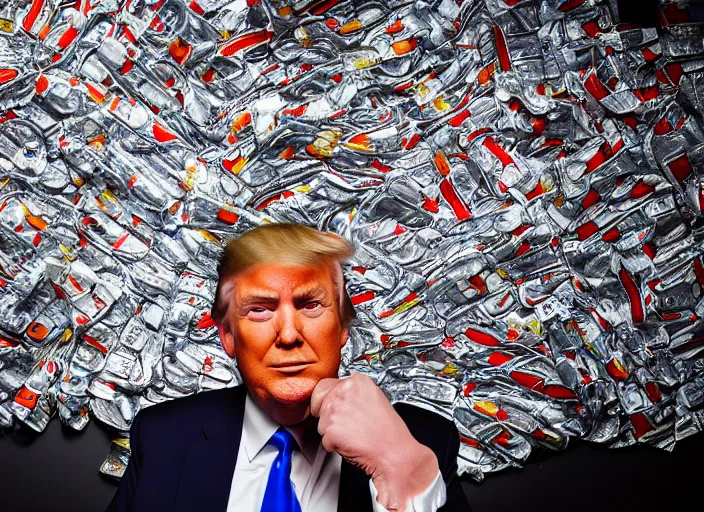 Image similar to portrait photo of donald trump sitting next to a table covered in mcdonald's wrappers and diet coke cans, studio lighting, key light, 8 k, 8 5 mm f 1. 8