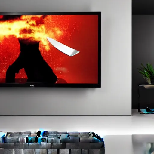 Image similar to very long knife inserted into a flat screen tv, photorealistic