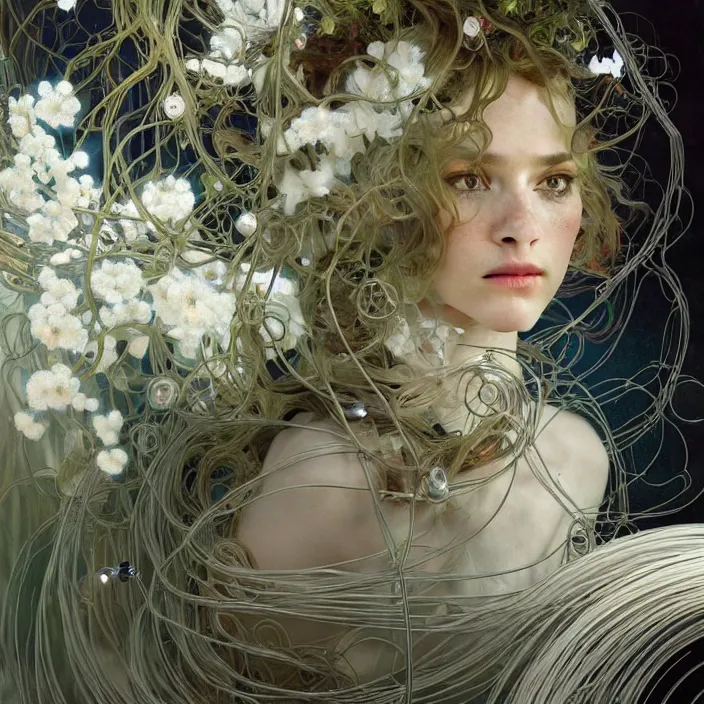 Image similar to hyperrealist portrait of a 2 0 4 4 space sport engineer, it is decorated with long white wires and white flowers that fall like vines and wears a huge computer crown. by jeremy mann and alphonse mucha, fantasy art, photo realistic, dynamic lighting, artstation, poster, volumetric lighting, dramatic light, very detailed faces, 8 k, award winning