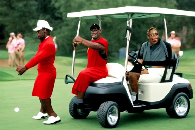 Prompt: dennis rodman in a dress driving a golf cart, movie still, from the new caddyshack movie, dancing gopher from caddyshack, 8 k, hd, cinematic lighting