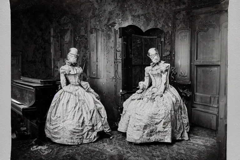 Prompt: detailed well - preserved photo of female android in beautiful victorian dress standing in decaying guest room with piano and chair