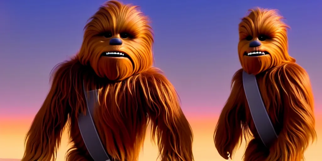 Image similar to a wholesome animation key shot of a chewbacca pixar and disney animation sharp render 3 d animated, cinematic lighting