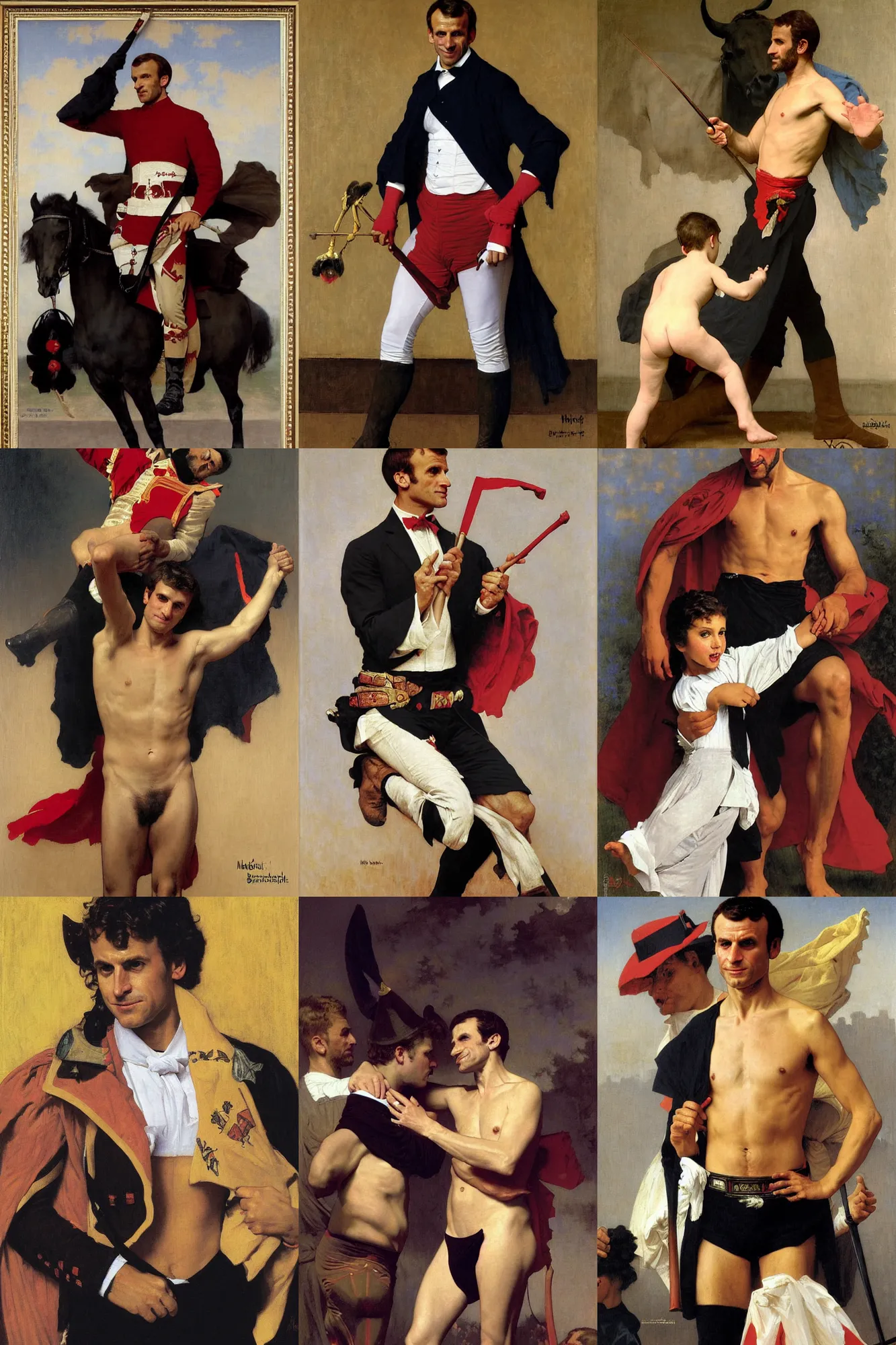 Prompt: emmanuel macron as a matador by bouguereau and norman rockwell