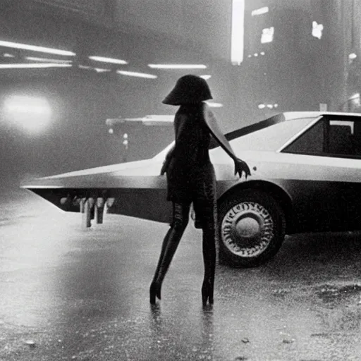 Image similar to 1 9 8 2 film stills of blade runner, with rachel with beyonce, and doja cat, having a night on the town. rainy and smoky with futuristic vehicles overhead and people carrying neon umbrellas.