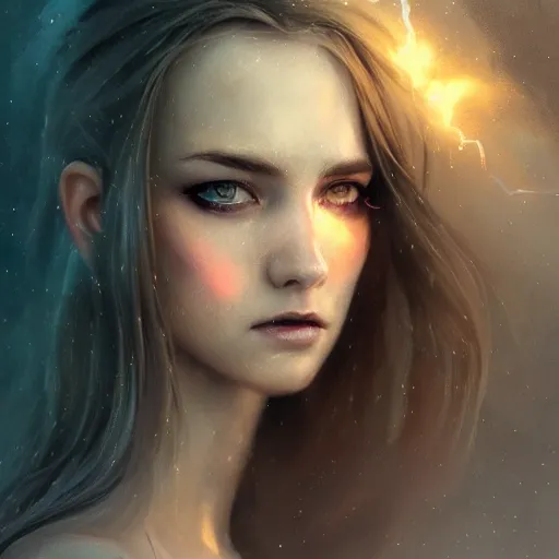 Image similar to lightning angel character portrait, lean face, cinematic lighting, glowing golden eyes, hyper-detailed, cgsociety, 8k, high resolution, in the style of Charlie Bowater, Tom Bagshaw, single face, symmetrical, headshot photograph, insanely detailed and intricate, beautiful, elegant, watercolor, cinematic, portrait, Raphaelite, headroom, artstation