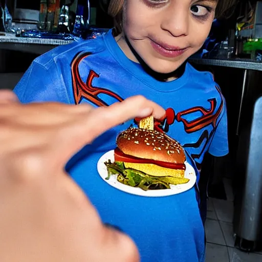 Image similar to Blue Spider-Man eating a cheeseburger, photograph