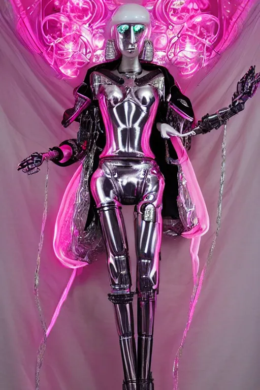 Image similar to full-body baroque and bladerunner style pink neon and chrome statue of a beautiful pale priestess robot goddess humanoid wearing a see-through silk kimono, falling from the ceiling, glowing peach face, street hoody of red steampunk lasers, emeralds, swirling silver silk fabric. futuristic elements. oozing glowing liquid, full-length view. space robots. human skulls. throne made of bones, intricate artwork by caravaggio. Trending on artstation, octane render, cinematic lighting from the right, hyper realism, octane render, 8k, depth of field, 3D