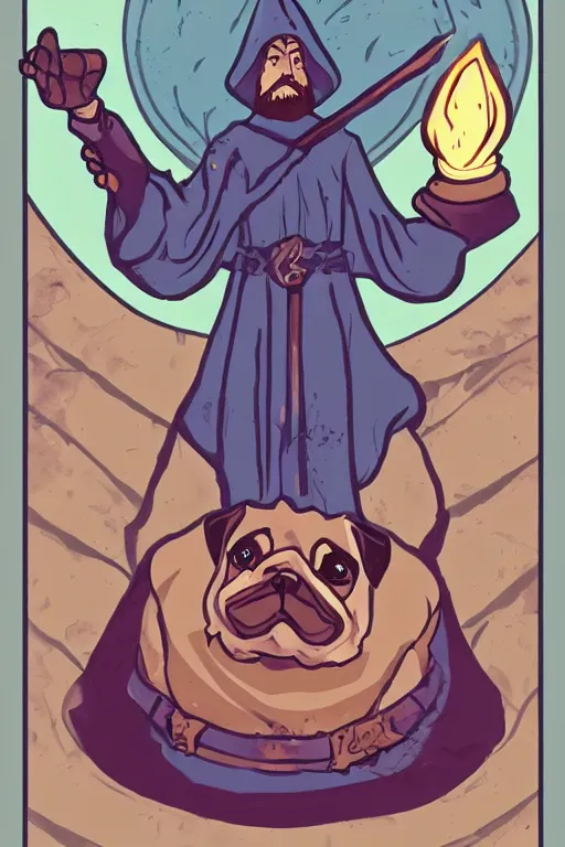 Image similar to Pug that is a wizard casting a spell , wizard, medieval, sticker, colorful, casting epic spell, magic the gathering artwork, D&D, fantasy, artstation, heroic pose, illustration, highly detailed, simple, smooth and clean vector curves, no jagged lines, vector art, smooth