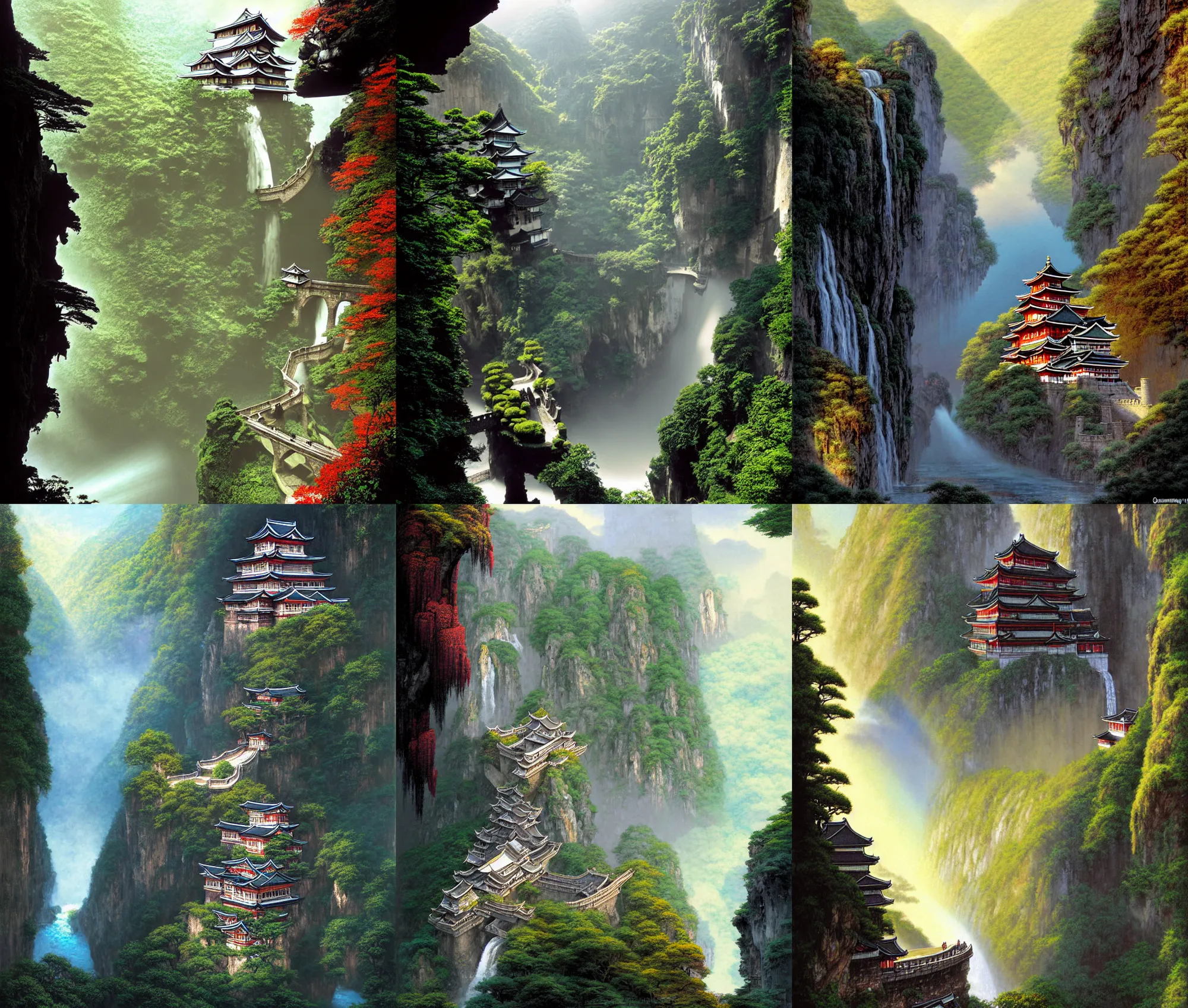 Prompt: establishing wide shot inside han son doong with waterfalls on either side of the cliff walls, at the top of the cliff is a japanese castle, a cloister is built into the cliff walls, an old suspension bridge spans the walls, sunny morning light, sunbeam, saturated colors, detailed digital concept art by gerald brom and james gurney