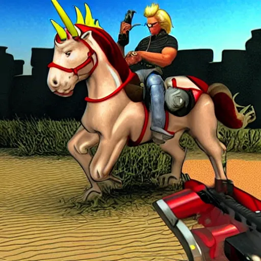 Prompt: Duke Nukem riding a unicorn