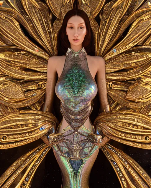 Image similar to a highly detailed metahuman 4 k close up render of an alien goddess bella hadid monument dragonfly in iris van herpen dress schiaparelli in diamonds crystals swarovski and jewelry iridescent in style of alphonse mucha gustav klimt trending on artstation made in unreal engine 4