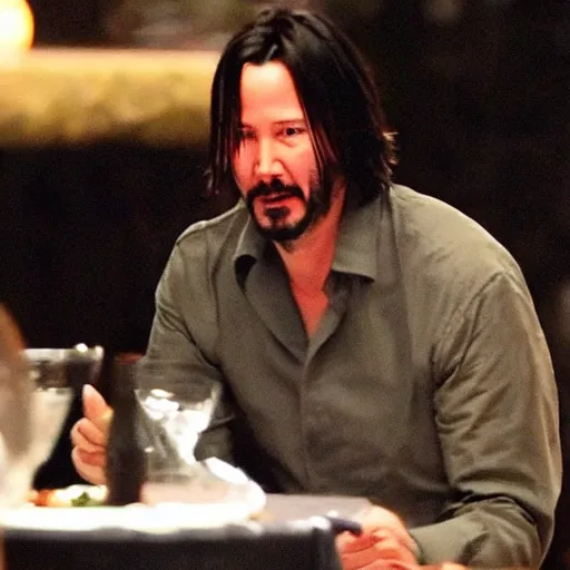 Image similar to Keanu Reeves having a dinner at the moon