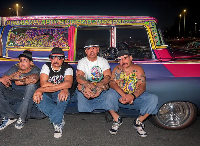 Prompt: chicano homeboys hanging out at a lowrider show at twilight in east los angeles, ilfochrome, 8 k resolution