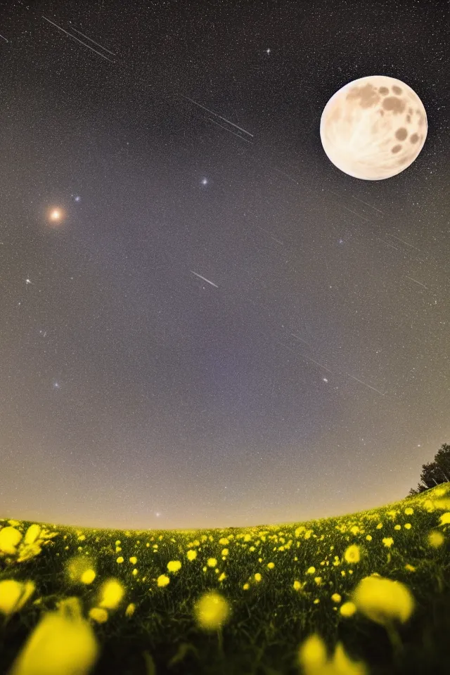 Prompt: low angle, shot from below. two very large moons in night sky. milky way and galaxies in the night sky, galaxies. 3 0 second shot. heavy meteor shower. field of big frozen yellow flowers. f 1. 8 lens, 1 6 mm, lens flare, glow, bokeh. high detail. photorealistic, romantic