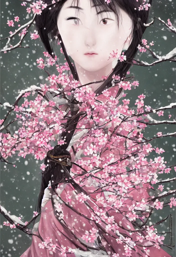 Image similar to detailed portrait of girl samurai in hakama with swords and rifles, in snow forest sakura cherry blossom, taisho roman, by wlop and krenz kushart, elite, elegant, luxury, perfect face, fine details, realistic shaded, fine - face, pretty face