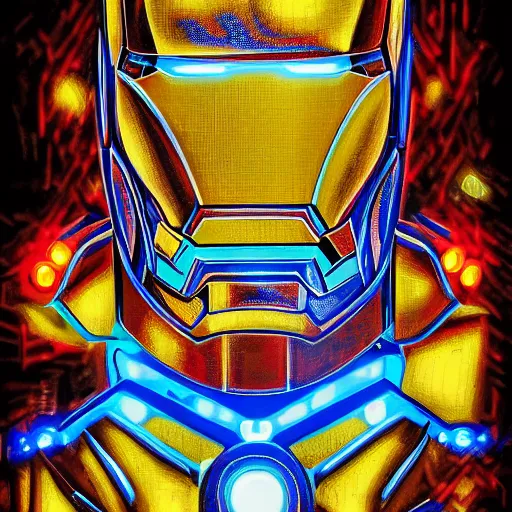 Prompt: mosaic portrait of iron man with robot ears by Saimir Strati, 4k, intricate details, neon lights