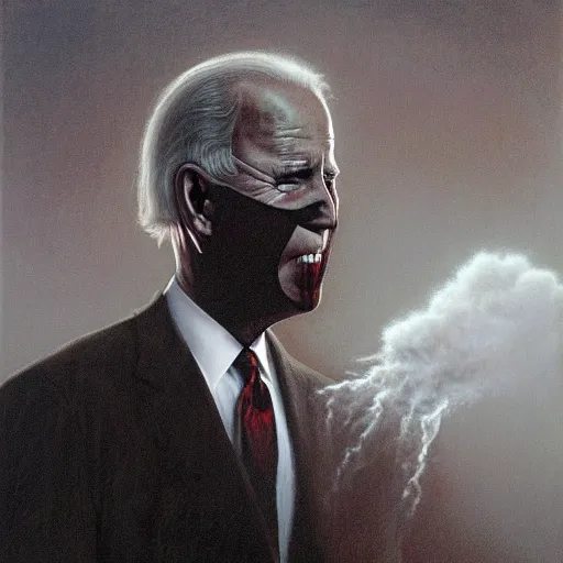 Prompt: presidential portrait of joe biden with shadowy mist pouring from mouth and nose as slenderman, by beksinski, jon mcnaughton, and stephen gammell