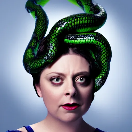 Image similar to rachel bloom as medusa with snakes for hair, real life, highly detailed, hyper realistic, 8 k resolution