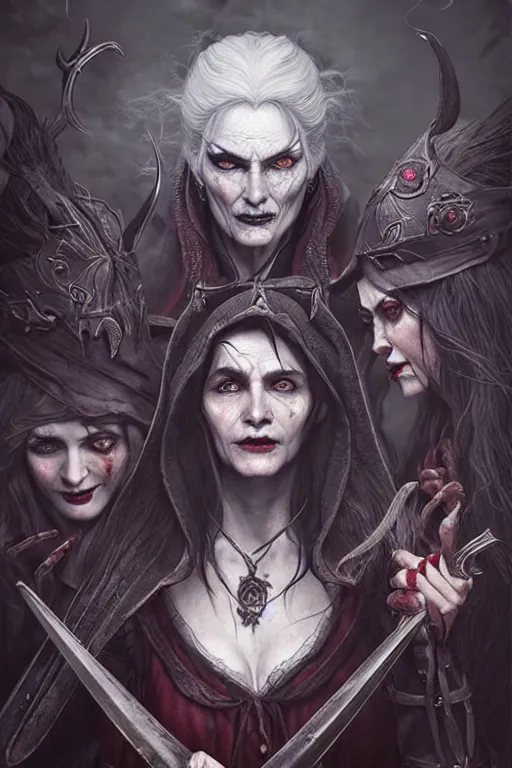 Image similar to the crones witches from the witcher 3 in the style of stefan kostic, realistic, sharp focus, 8 k high definition, insanely detailed, intricate, elegant, art by stanley lau and artgerm