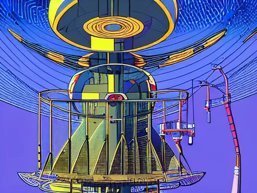 Image similar to a scifi illustration, hyper detailed external view of a space elevator. cinematic wide angle composition. flat colors, limited palette in FANTASTIC PLANET La planète sauvage animation by René Laloux