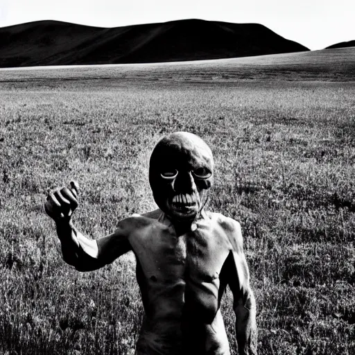 Image similar to steppe people raider elongated cranium protester face style photo black and white wide angle lense