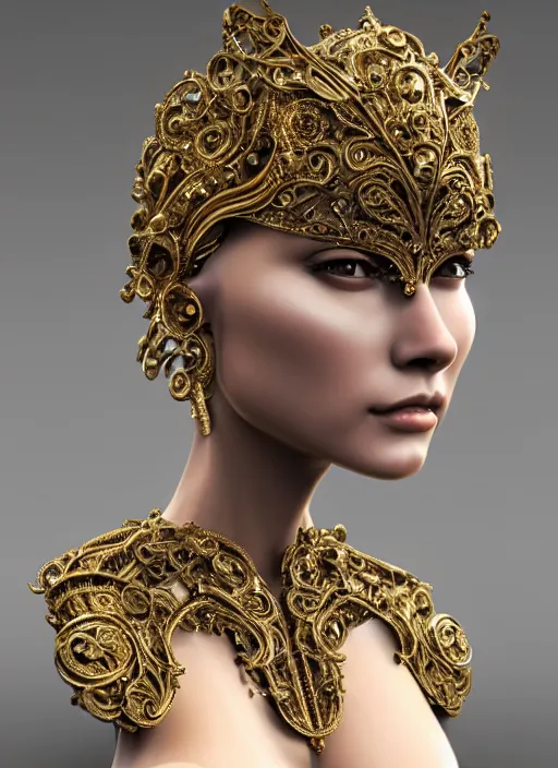 Prompt: a portrait of female in wearable sculpture art, ornate, metal works, intricate details, elegant, highly detailed, digital photography, artstation, glamor pose, concept art, smooth, sharp focus, art by artgerm and greg rutkowski, 3 d character, whole body, full body, film, photorealistic, unreal engine