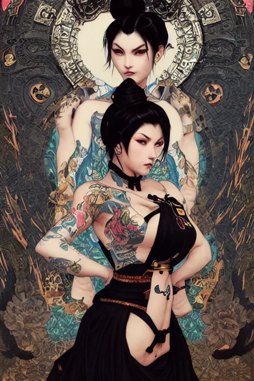 Image similar to portrait of goth Chun Li with yakuza tattoos, Street fighter, intricate, elegant, highly detailed, digital painting, artstation, concept art, smooth, sharp focus, illustration, art by artgerm and greg rutkowski and alphonse mucha and william-adolphe bouguereau and Gustav Klimt