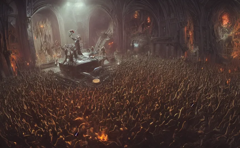 Image similar to a dark metal band performing in a castle with a battle mosh pit of werewolves and vampires, moebius, greg rutkowski, zabrocki, karlkka, jayison devadas, phuoc quan, trending on artstation, 8 k, ultra wide angle, video game graphics, realistic art, zenith view, cyberpunk pincushion lens effect