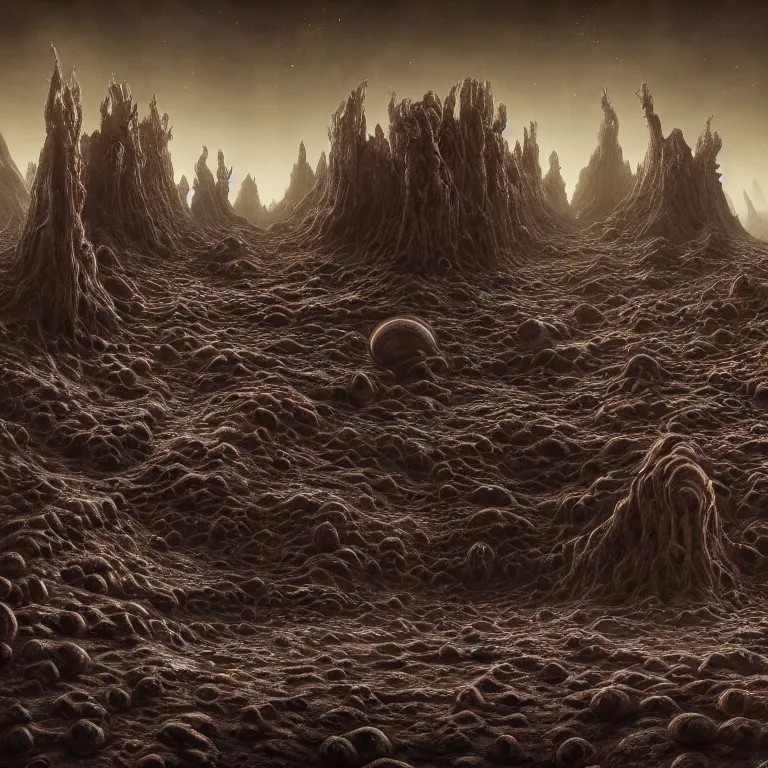 Image similar to ribbed surreal alien temple on exoplanet, standing in a desolate empty wasteland, creepy, nightmare, dream-like heavy atmosphere, surreal abandoned buildings, beautiful detailed intricate insanely detailed octane render, unreal engine, trending on Artstation, 8K artistic photography, photorealistic, chiaroscuro, volumetric light, Raphael, Caravaggio, Beksinski, Giger