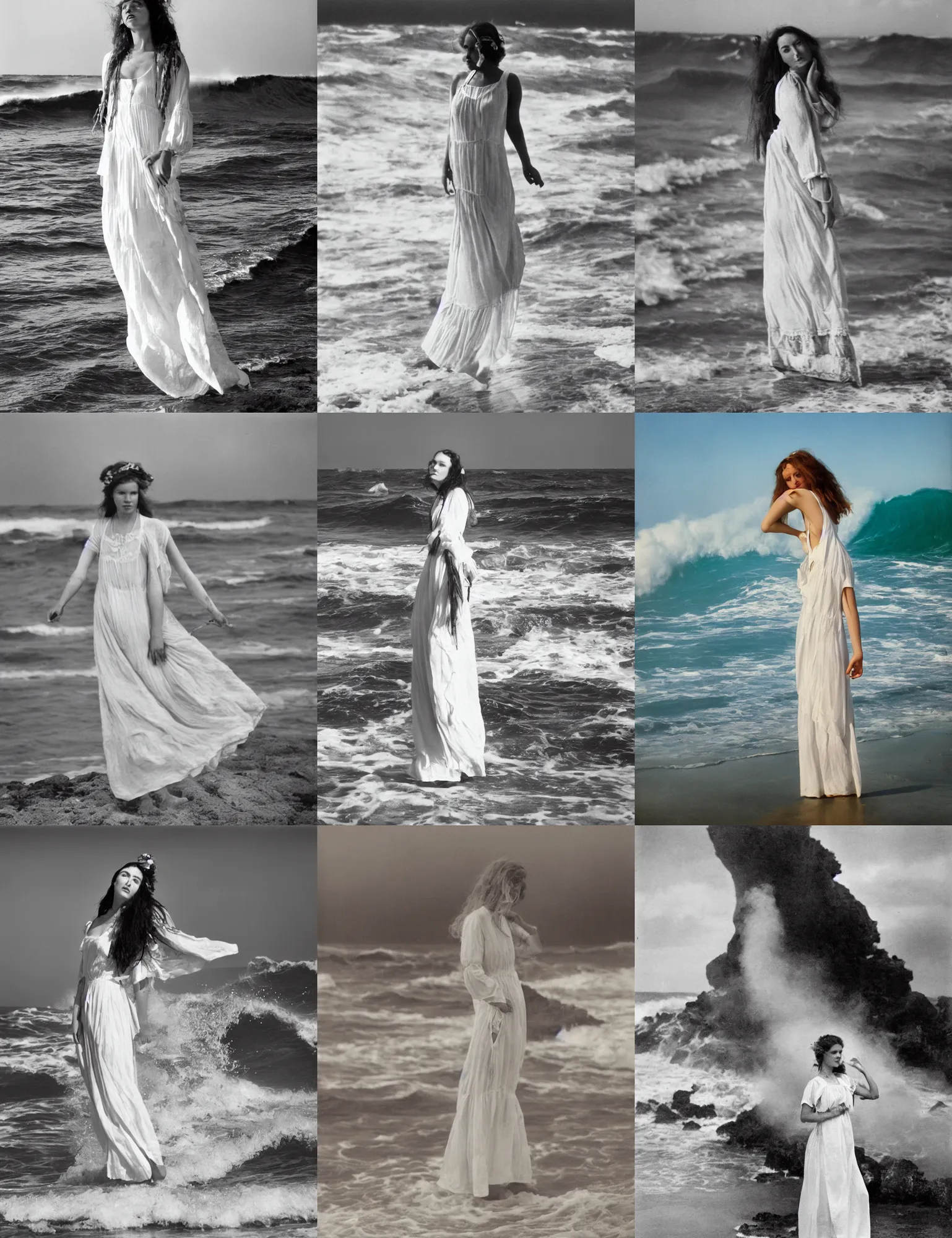 Prompt: artistic portrait photo of pretty hippie girl in white maxi dress on the evening beach, stromy sea and big wave 1910s