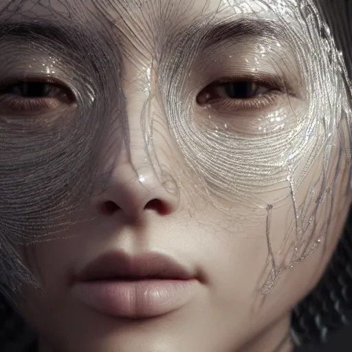 Image similar to intricate highly detailed face portrait of asian - european woman, silver water vines on her face, intricate, cgsociety, unreal engine, octane render, sharp focus, smooth, volumetric lighting, cinematic composition, artstation