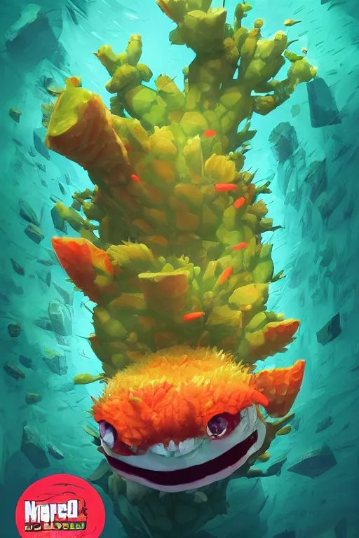 Image similar to 3 d render creature animal sushi cristal very big eye roots cactus elemental flush of force nature micro world fluo fishscale, comics gta 5 cover, official fanart behance hd artstation by jesper ejsing, by rhads, makoto shinkai and lois van baarle, ilya kuvshinov, ossdraws