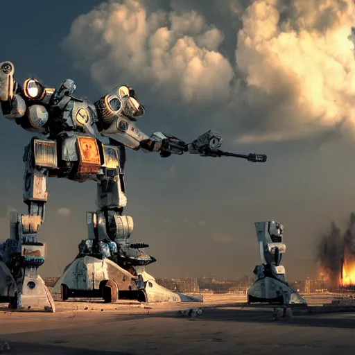 Image similar to six meter tall mech firing at tanks, futuristic city, mechanized art concept, 3 d render, marble statue