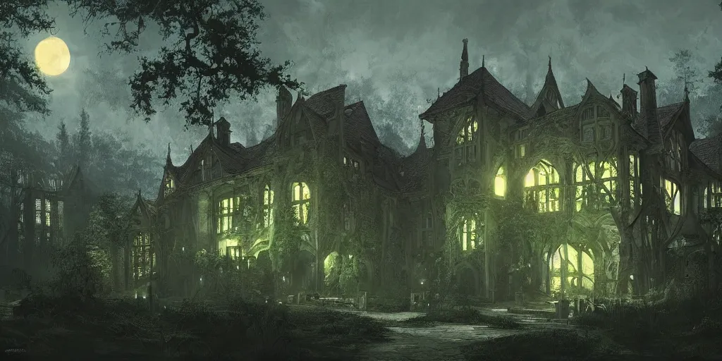 Image similar to beautiful render of a manor in the middle of the forest, unreal engine,, at night, medieval!!!!, green, dark blue!!!!, bright, artstation, detailled, manga!!!, fantasy!!!!!! by greg rutkowski