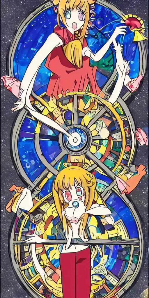 Image similar to Wheel of Fortune tarot card anime style