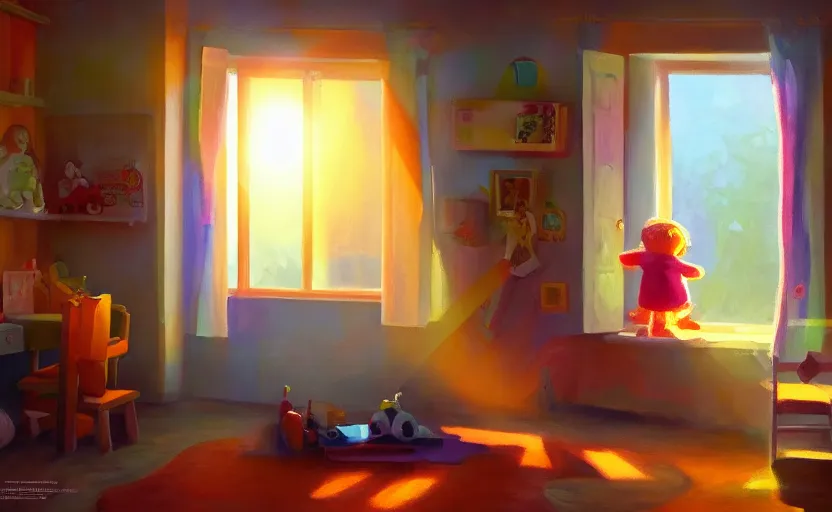 Prompt: happy morning and the rays of the morning sun shining through the window of kid's room in the village house clear sky, warm colors, coherent shadows, one point lighting, happy mood, oil painting, high detail, trending on artstation