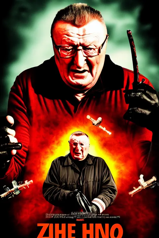 Image similar to movie poster, zhirinovsky in hell, scary poster in color, poster in 4 k