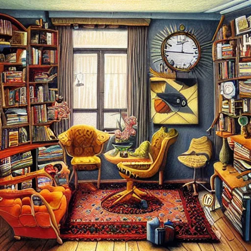 Image similar to a painting of a living room, a surrealist painting by jacek yerka, cgsociety, fantastic realism, surrealist, detailed painting