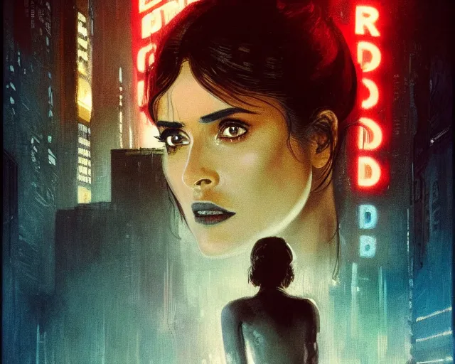 Image similar to 2 0 1 8 blade runner movie still salma hayek look at the cityscape from roof perfect face fine realistic face pretty face reflective polymer suit tight neon puffy jacket blue futuristic sci - fi elegant by denis villeneuve tom anders zorn hans dragan bibin thoma greg rutkowski ismail inceoglu illustrated sand storm alphonse mucha