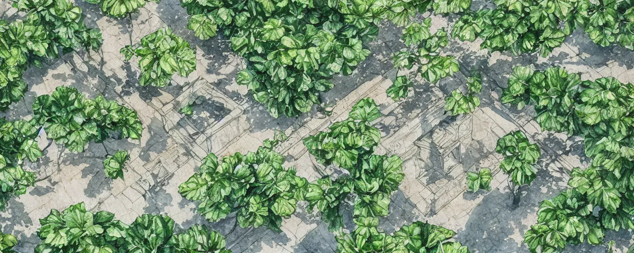 Image similar to drone view, delicate marble in a botanic garden, stony road, on a botanical herbarium paper, watercolor colored painting, iridescent colors, 8 k, realistic shaded, fine details, artstation, italian style, colonnade, vines, flowers, gardena architecture, pompeii