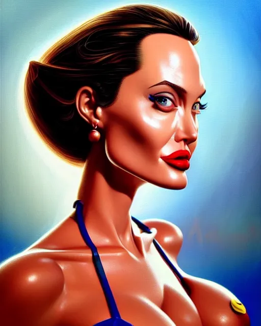 Prompt: closeup profile face profile portrait of a tin toy angelina jolie as a waitress in a diner, bikini, hyper realistic, artstation, illustration, concept art by bill ward, digital paint, matte paint, vivid colors, bright, cheerful, detailed and intricate environment